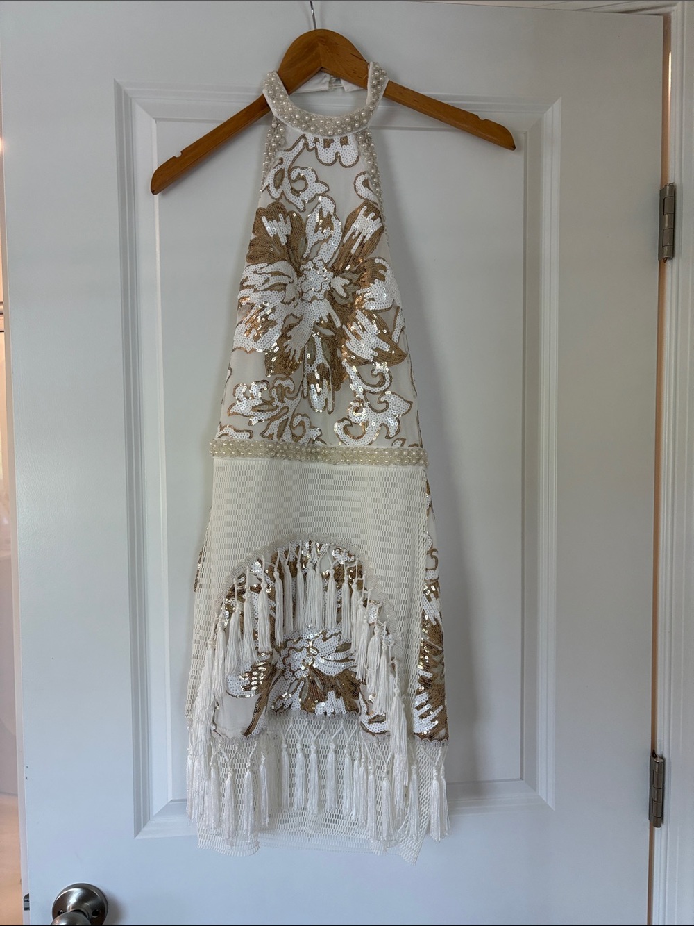 12th Tribe White and Gold Sequin Fringe Halter Dress